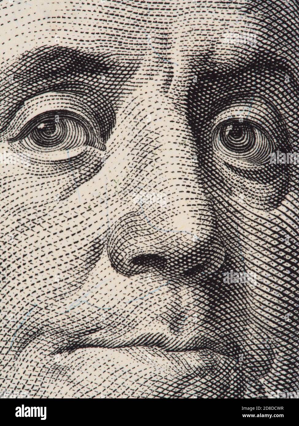 Benjamin Franklin Portrait extrem Nahaufnahme Makro auf dem US 100 Dollar-Schein, Serie 2013 Stockfoto