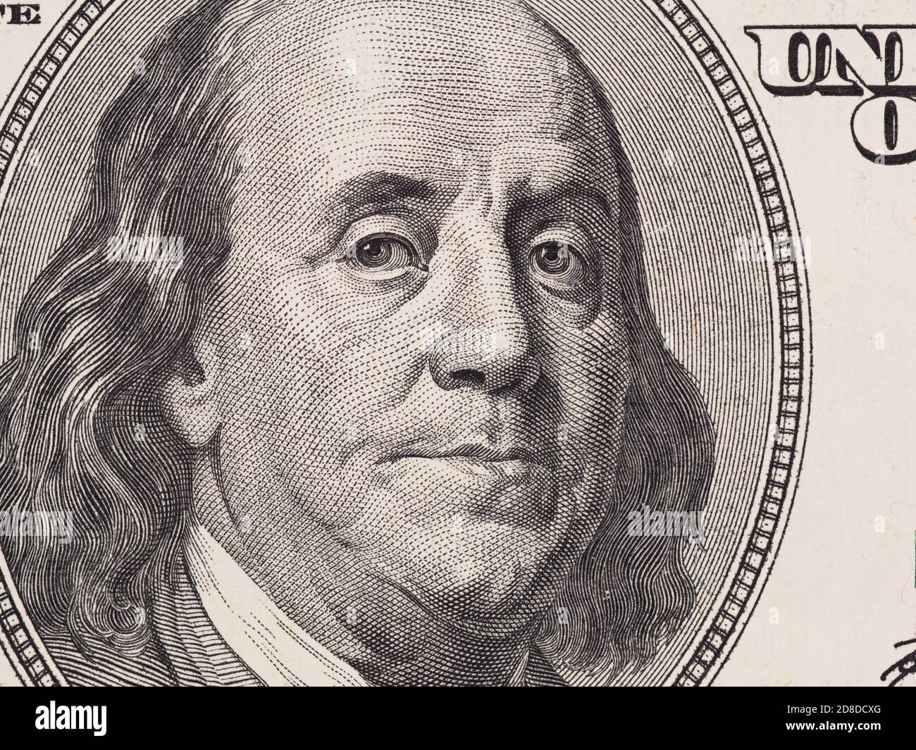 US 100 Dollar Bill Fragment Nahaufnahme, Benjamin Franklin Gesicht Porträt, vereinigte Staaten Geld Stockfoto