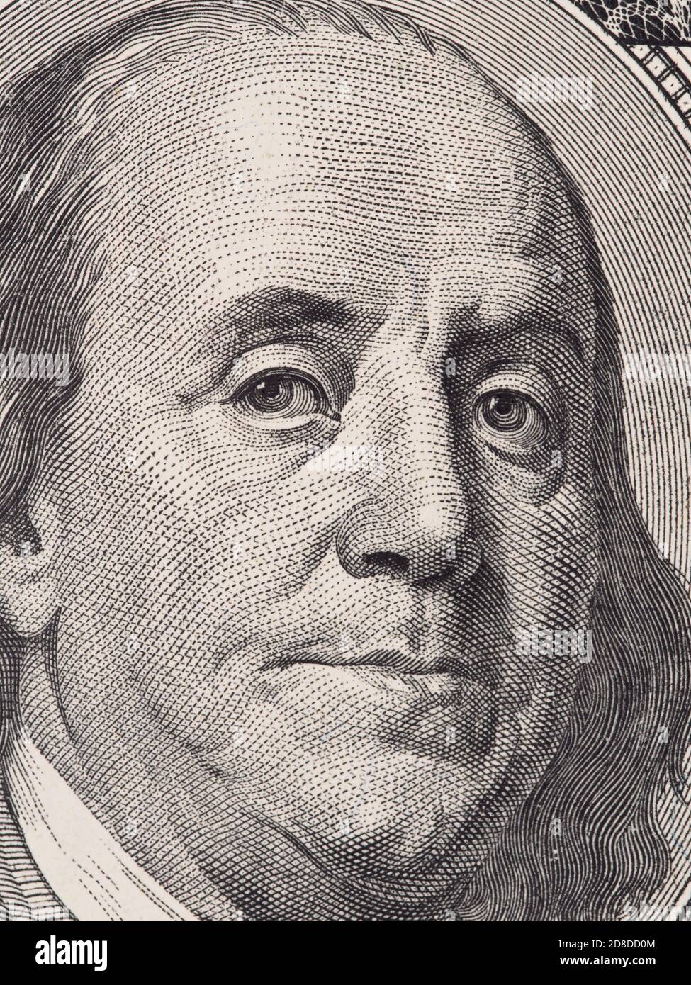 Benjamin Franklin Porträt Nahaufstellung Makro auf dem US-100-Dollar-Schein, geld der vereinigten Staaten Stockfoto