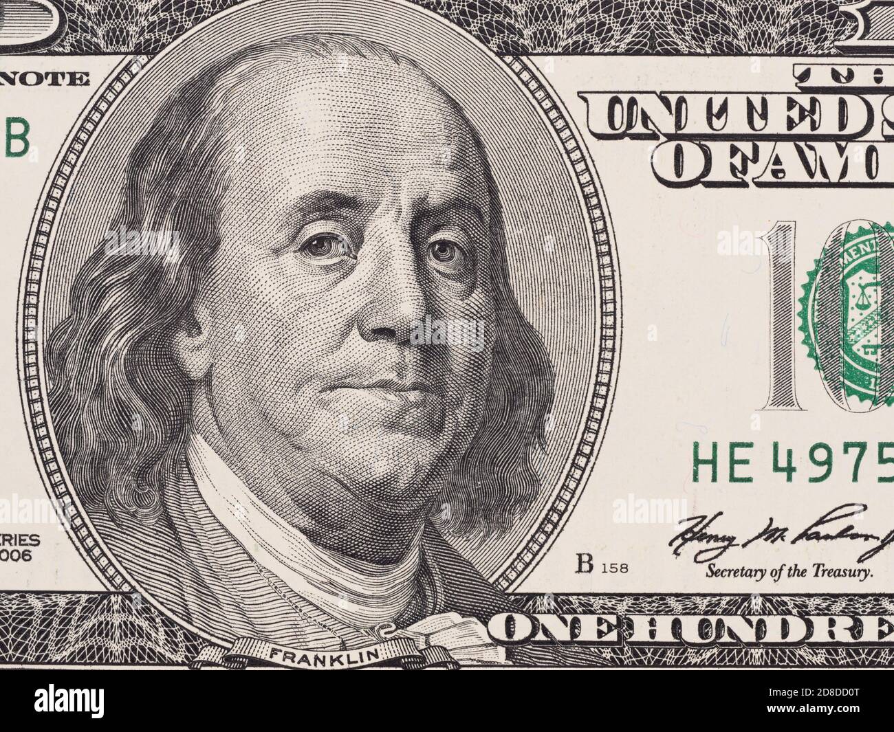 Gründungsvater Benjamin Franklin Porträt auf US-100-Dollar-Schein, us-Geld Stockfoto