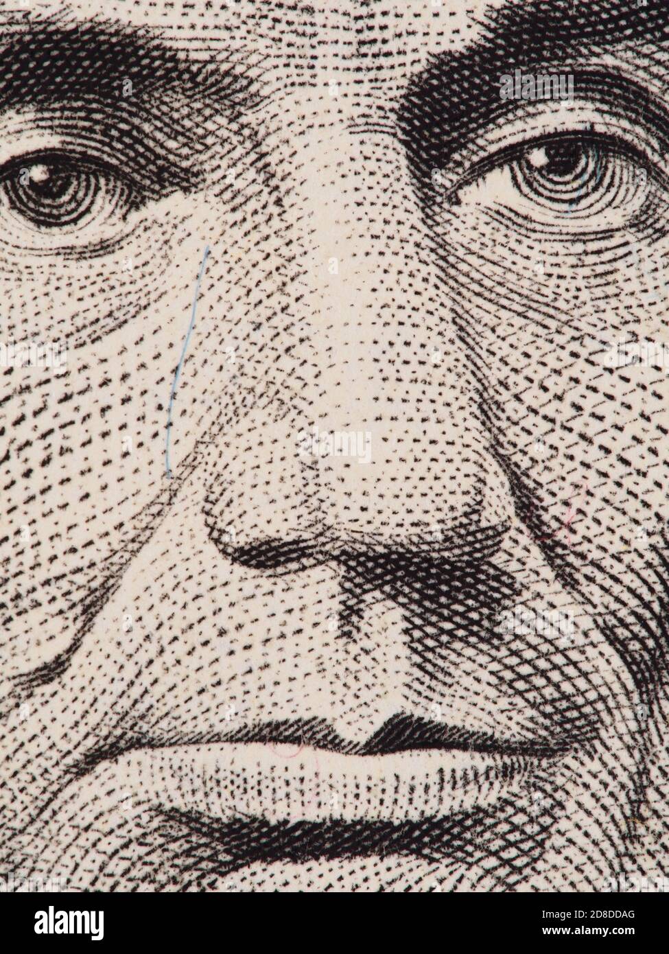 Präsident Abraham Lincoln Gesicht auf uns 5 Dollar-Rechnung super Makro, USA Geld Nahaufnahme Stockfoto