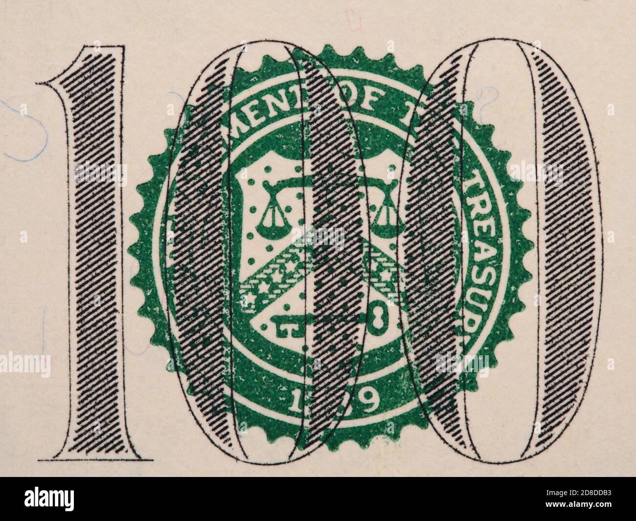 US-Schatzkammer Siegel auf 100-Dollar-Rechnung extreme Makro, vereinigte Staaten Geld Nahaufnahme Stockfoto