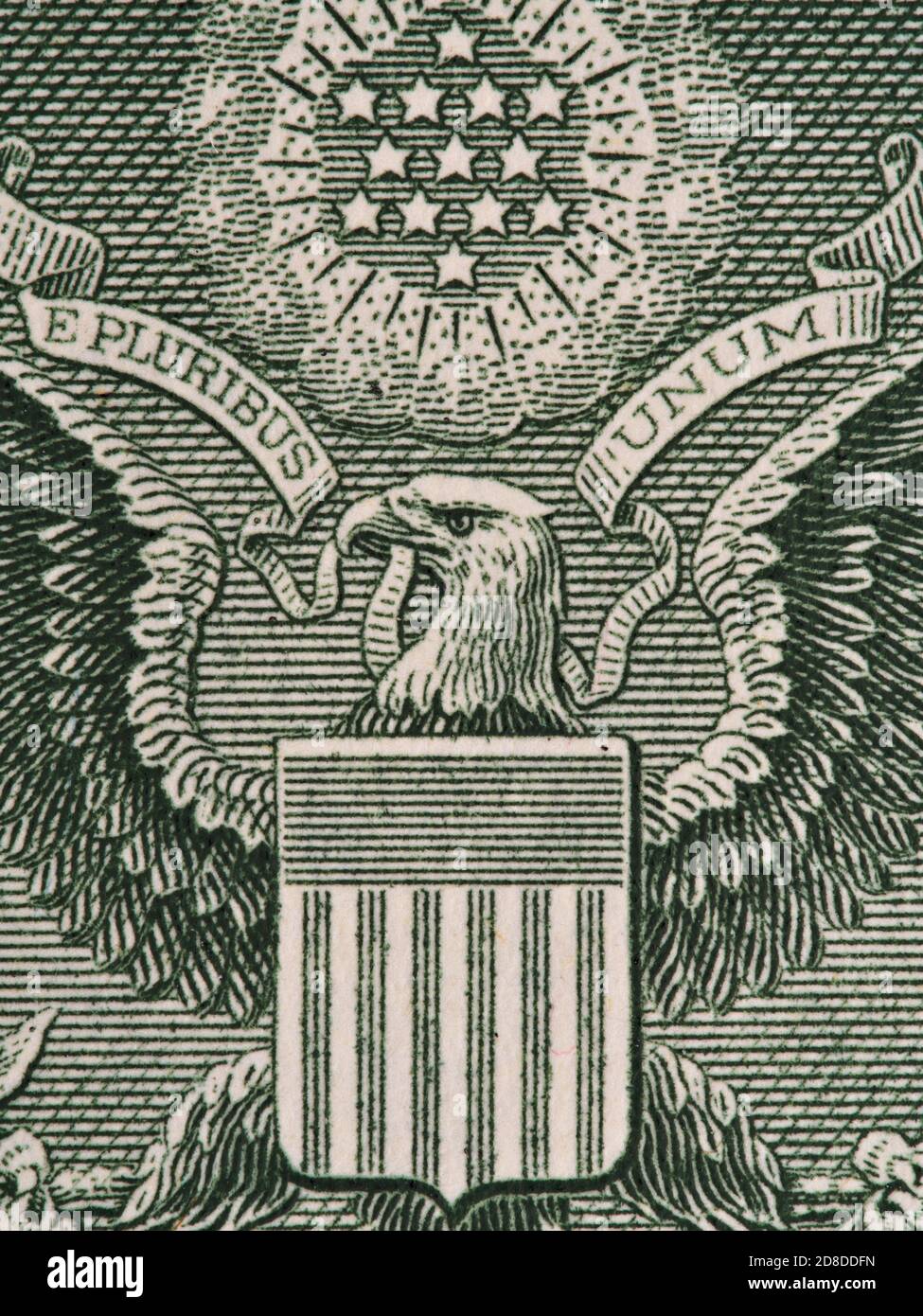 Rückseite des US-Dollar-Bill extrem Makro, 1 usd Banknote, großes Siegel, vereinigte Staaten Geld Nahaufnahme Stockfoto