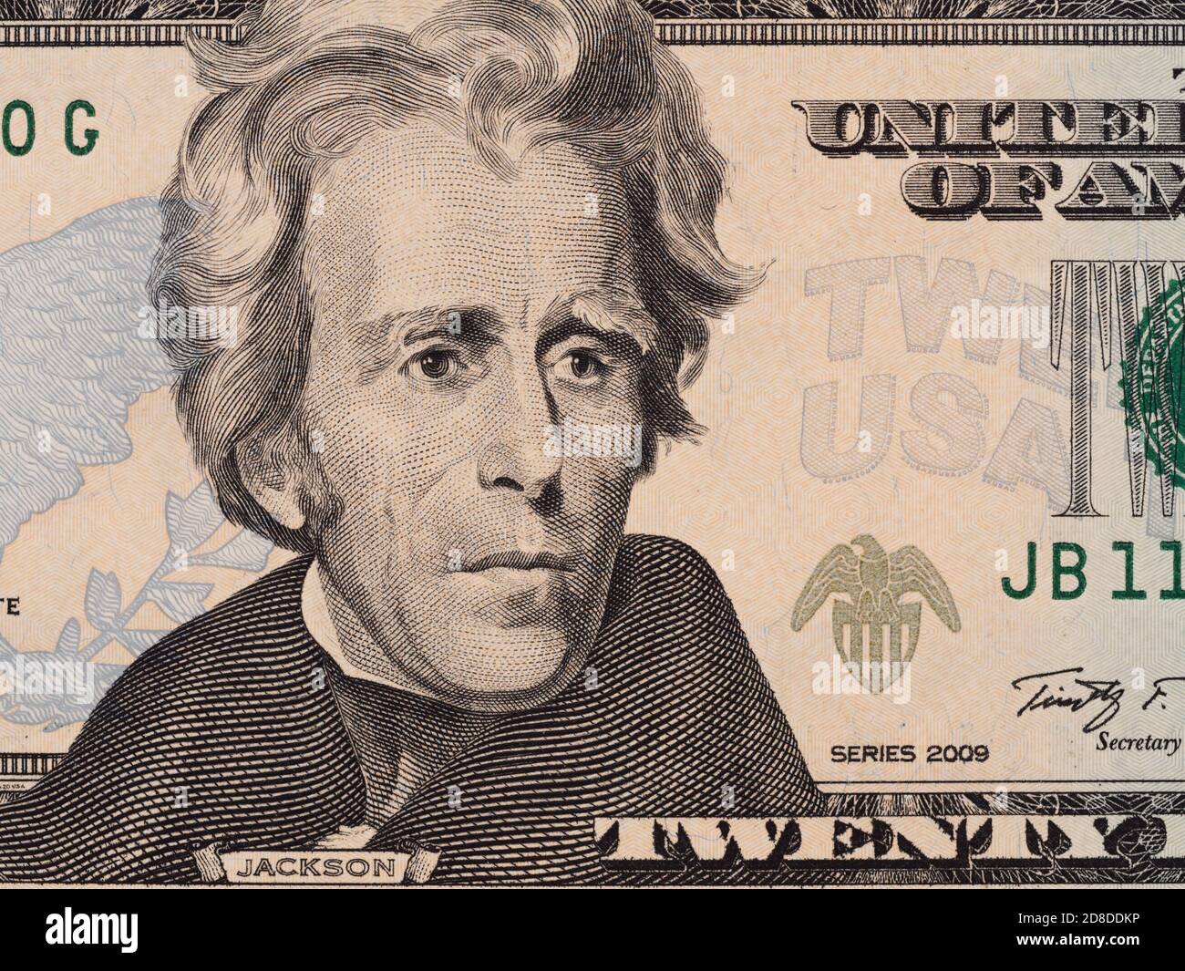 Zwanzig Dollar Geldschein Makro, 20 usd, Andrew Jackson Porträt, vereinigte Staaten Geld Nahaufnahme Stockfoto