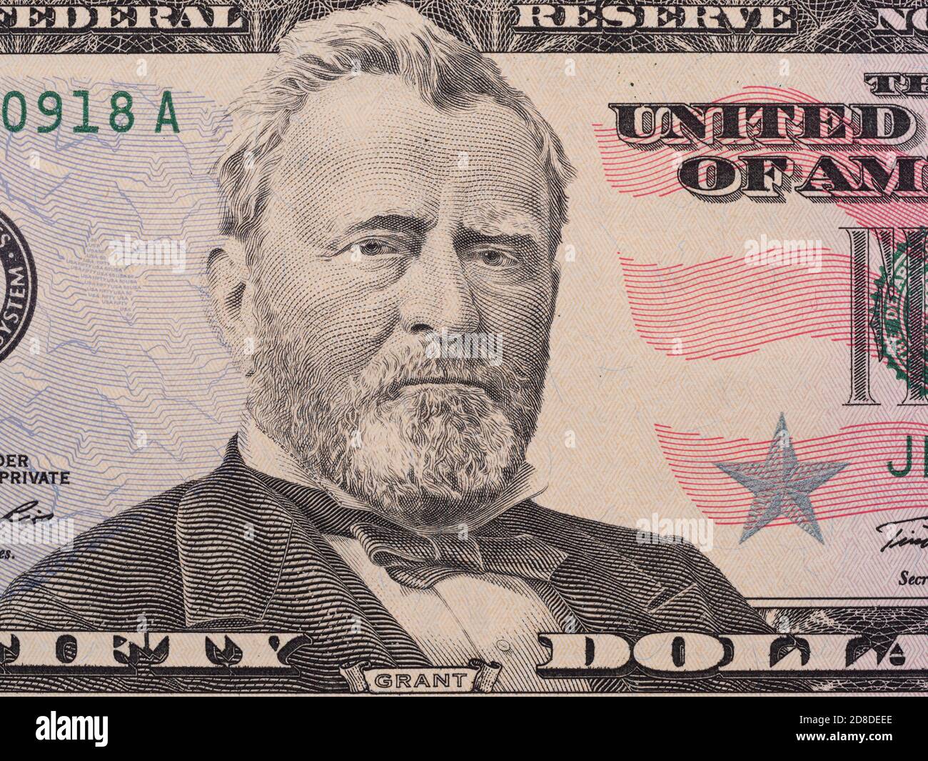 Fünfzig Dollar Geldschein Makro, 50usd, Präsident Ulysses Grant Porträt, vereinigte Staaten Geld Nahaufnahme Stockfoto