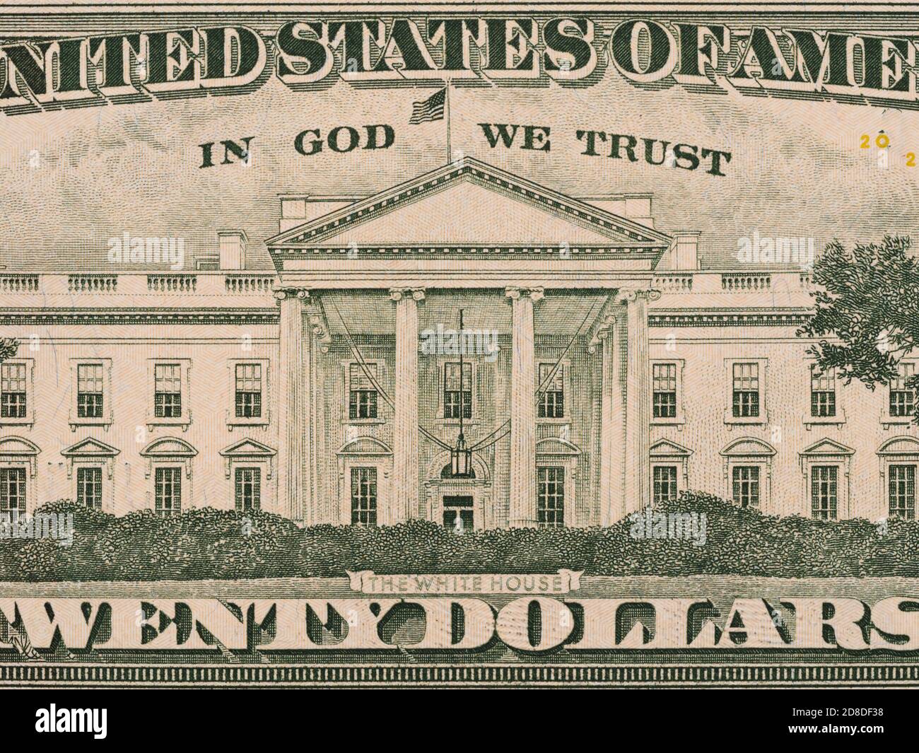 Weißes Haus auf der US-Rechnung zwanzig Dollar Makro, vereinigte Staaten Geld Nahaufnahme Stockfoto