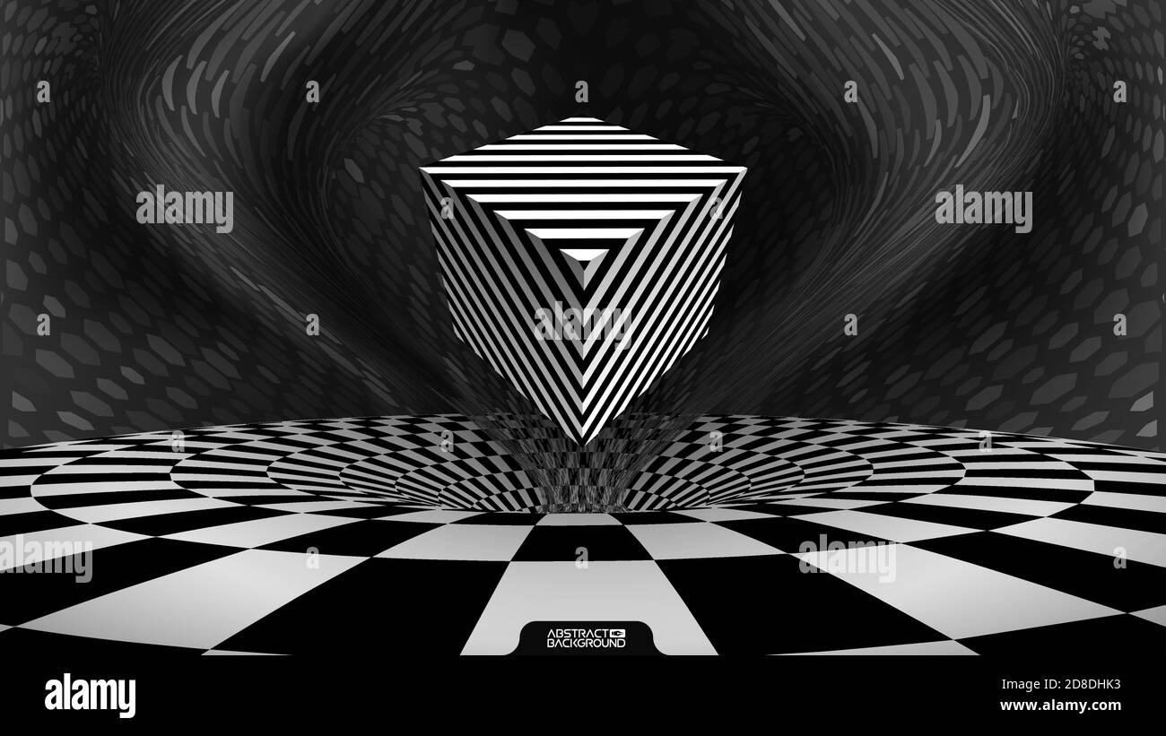 Fraktale Fantasie geometrische optische Illusion Würfel. Hypnotische Linien quadratisch. Illusion von schwarz-weißen Schachbrettmuster. Web-Technologie-Geschäft Stock Vektor
