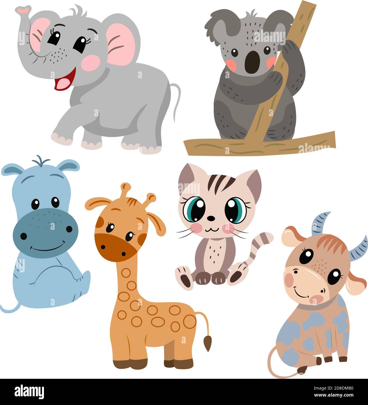 Bild mit einem Satz von niedlichen Cartoon Elefant, Koala, Giraffe, Nilpferd, Stier, Katze in Vektorgrafik auf weißem Hintergrund. Für Design, Drucke für Kinder Stock Vektor