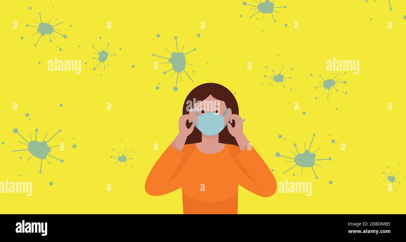 Frau trägt Gesichtsmaske Schutz gegen Coronavirus Covid19 gegen gelb Hintergrund mit Vektorsymbole für Viruszellen Stock Vektor