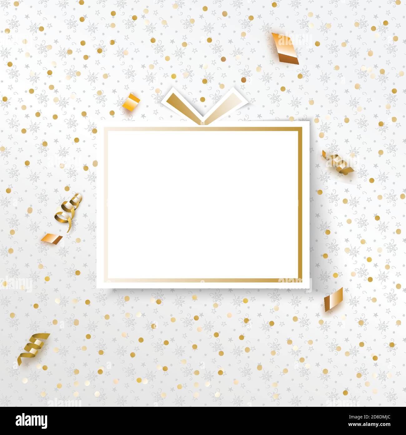 Weißes Weihnachtsgeschenk mit goldenen Serpentin und Konfetti, Minimalismus Grußkarte Stock Vektor