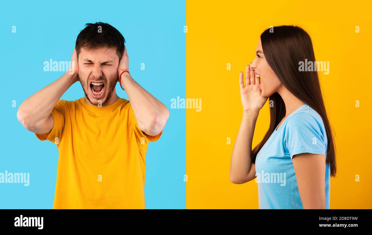 Wütende junge Frau, die ihren Mann anschreit Stockfoto