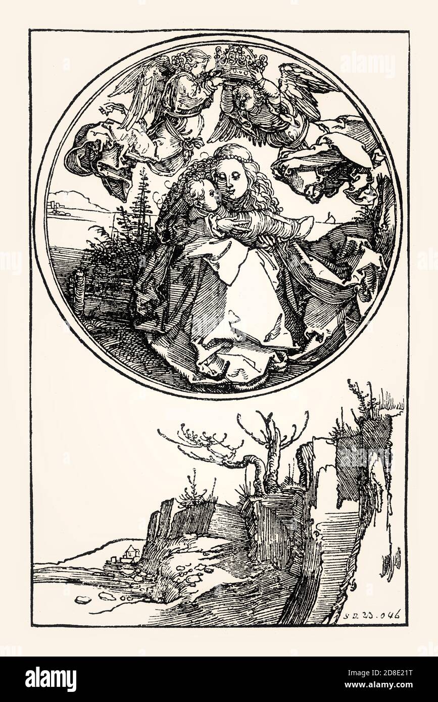 Die Jungfrau Maria und Christkind gekrönt von zwei Engeln, Albrecht Dürer, Holzschnitt, 16. Jahrhundert Stockfoto