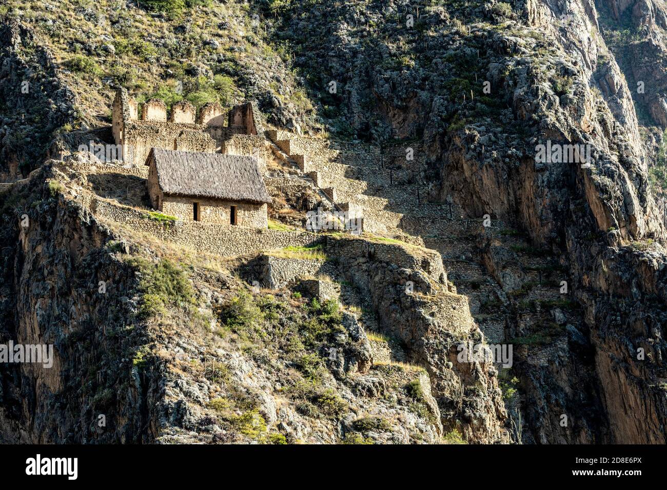 Getreidespeicher, Inka-Ruinen von Ollantaytambo, Ollantaytambo, Cusco, Peru Stockfoto