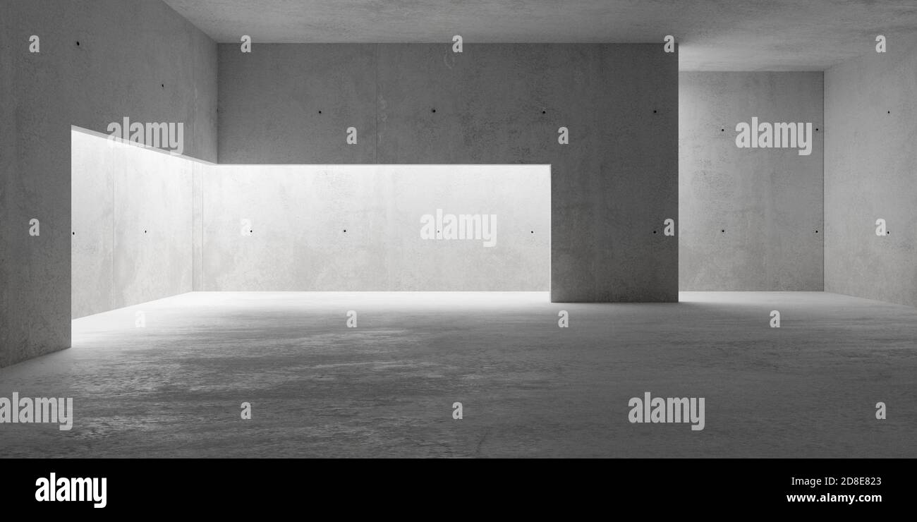Abstrakt leerer, moderner Betonraum mit indirekter Beleuchtung hinter Raumteiler und rauem Boden - industrielle Innenhintergrundvorlage, 3D-Illustration Stockfoto