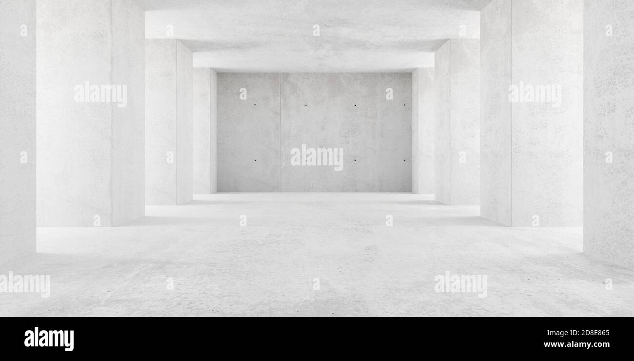 Abstrakt leerer, moderner Betonraum mit indirekter Beleuchtung durch Seitensäulen und rauem Boden - industrielle Innenhintergrundschablone, 3D illustrati Stockfoto