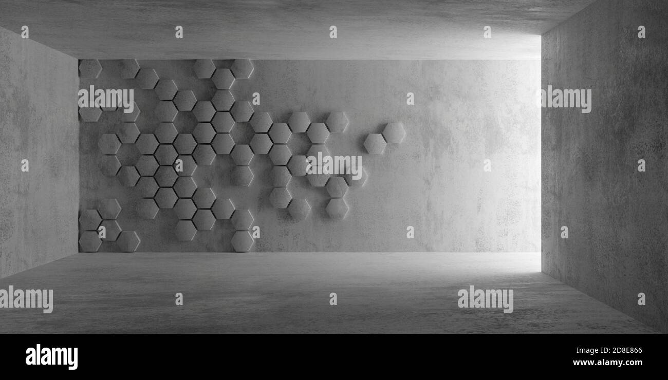 Abstrakt leerer, moderner Betonraum mit indirekter Beleuchtung von Seitenwand und sechseckiger Wabenhinterwand - industrielle Innenhintergrundschablone, 3 Stockfoto