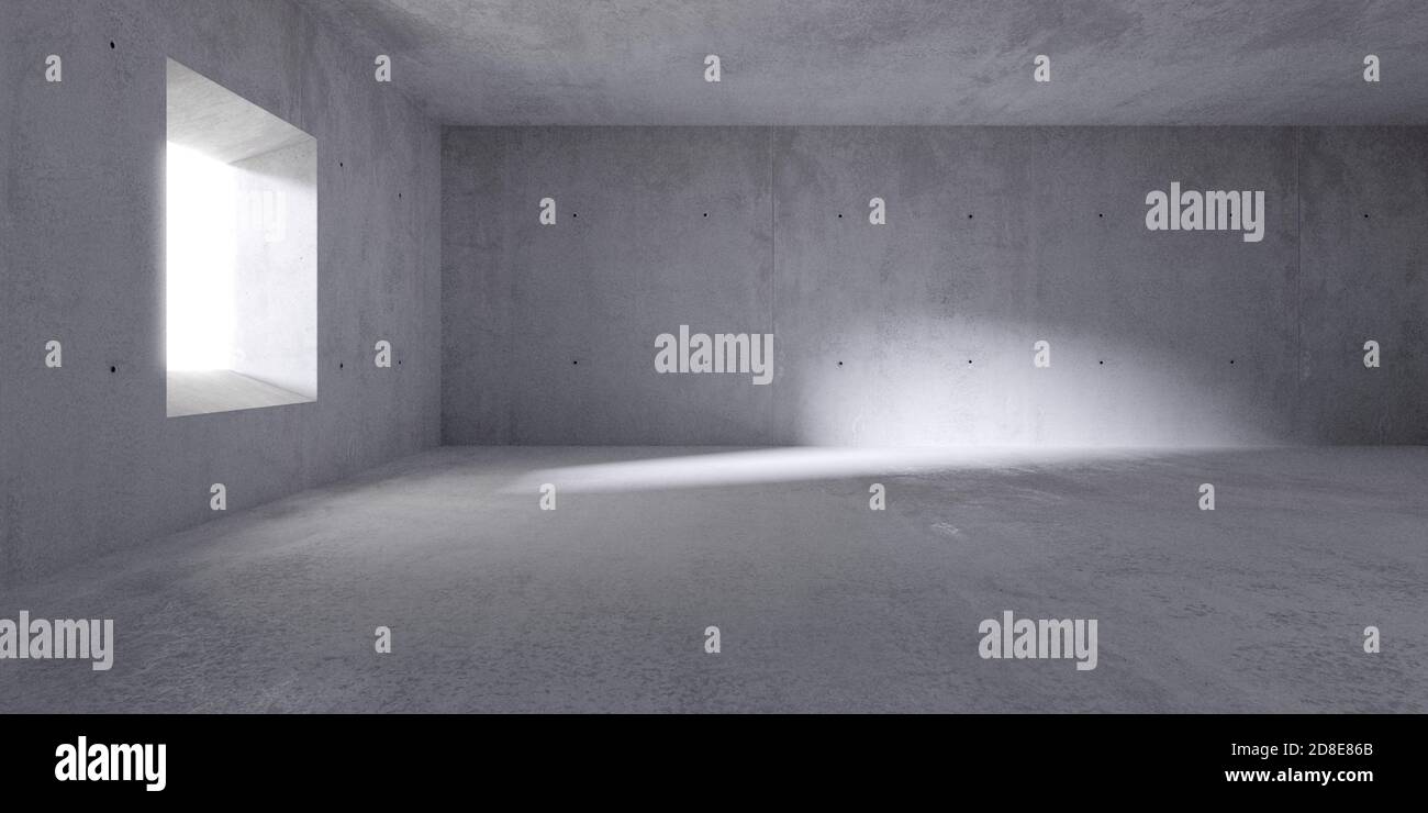 Abstrakt leerer, moderner Betonraum mit indirekter Beleuchtung durch Seitenwandfenster, Sonnenschatten und rauem Boden - industrieller Innenhintergrund templat Stockfoto