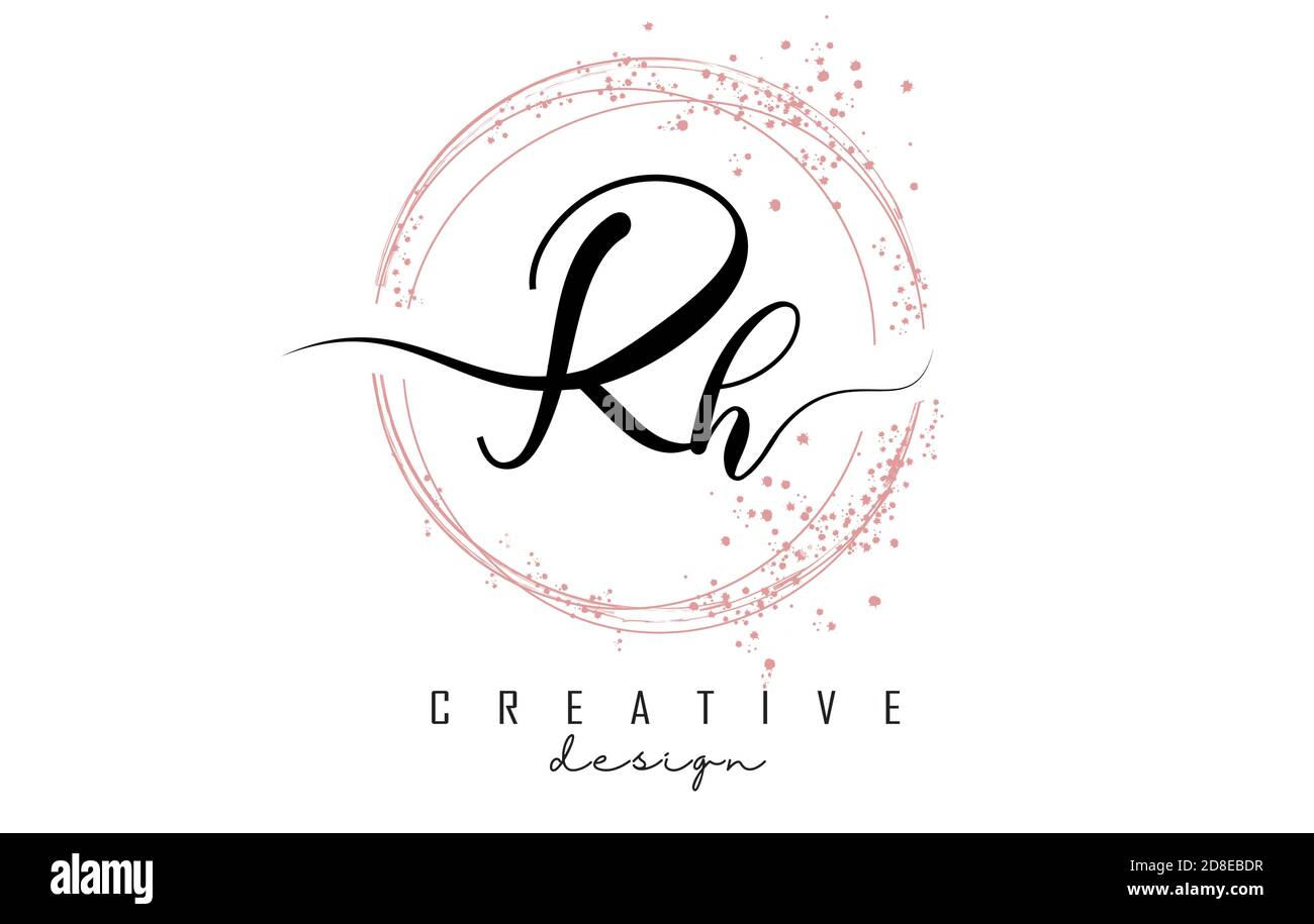 Handgeschriebenes Rh R h Buchstaben-Logo mit funkelnden Kreisen mit rosa Glitzer. Dekorative Vektorgrafik mit R- und H-Buchstaben. Stock Vektor