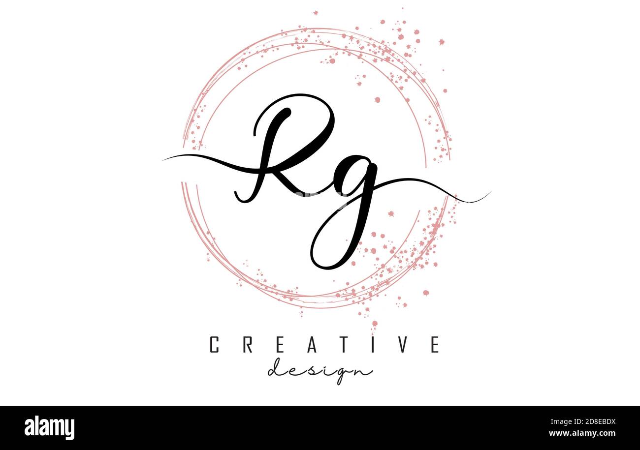 Handgeschriebenes RG R g Brieflogo mit funkelnden Kreisen mit rosa Glitzer. Dekorative Vektorgrafik mit R- und g-Buchstaben. Stock Vektor