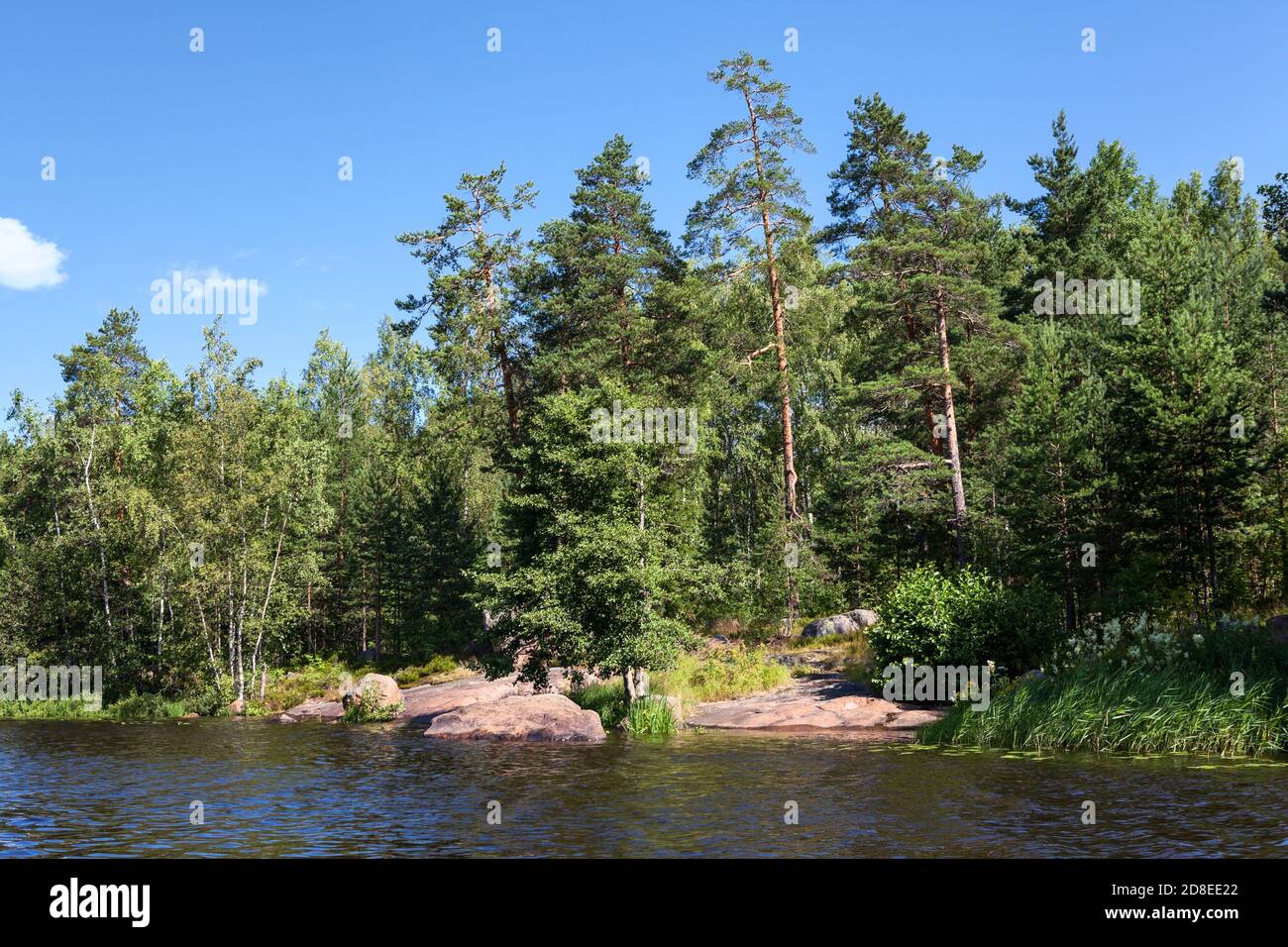 Süd-Karelien-See, russische wilde Natur. Steinfelsenufer eines Waldsees. Skandinavische Landschaft. Russland. Horizontales Bild Stockfoto