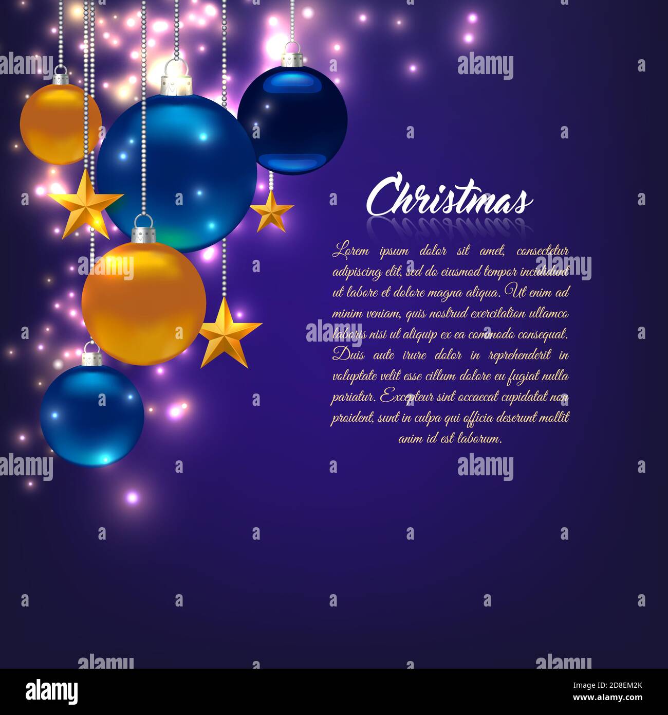 Weihnachtskarte. Vorlage für Karte, Flyer, Poster, Einladung, Banner. Werbeaktion oder Einkaufsvorlage. Abbildung mit Kugeln, Sternen. Violett Stock Vektor