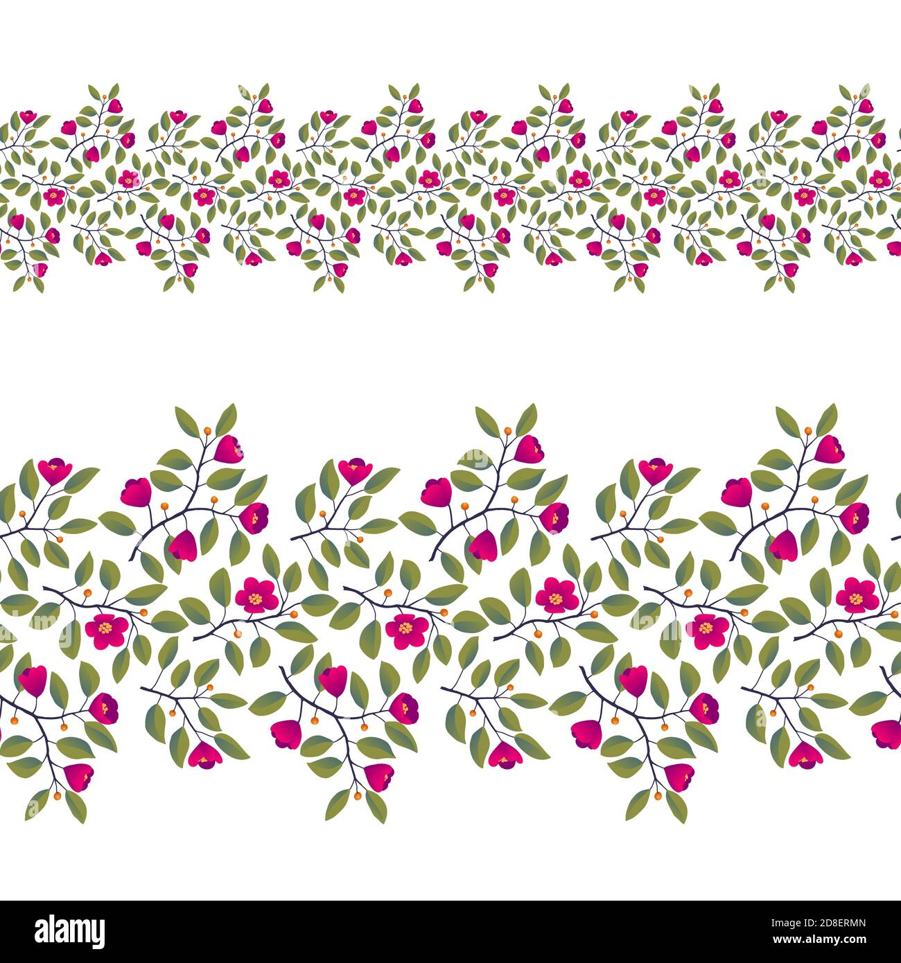 Floraler nahtloser Rand, Zweige mit Blättern und leuchtend magentafarbenen Blüten auf Weiß. Vektor-Illustration, Design für Poster, Banner, Einladung, Buch, Mode Stoff, Verpackung. Stock Vektor