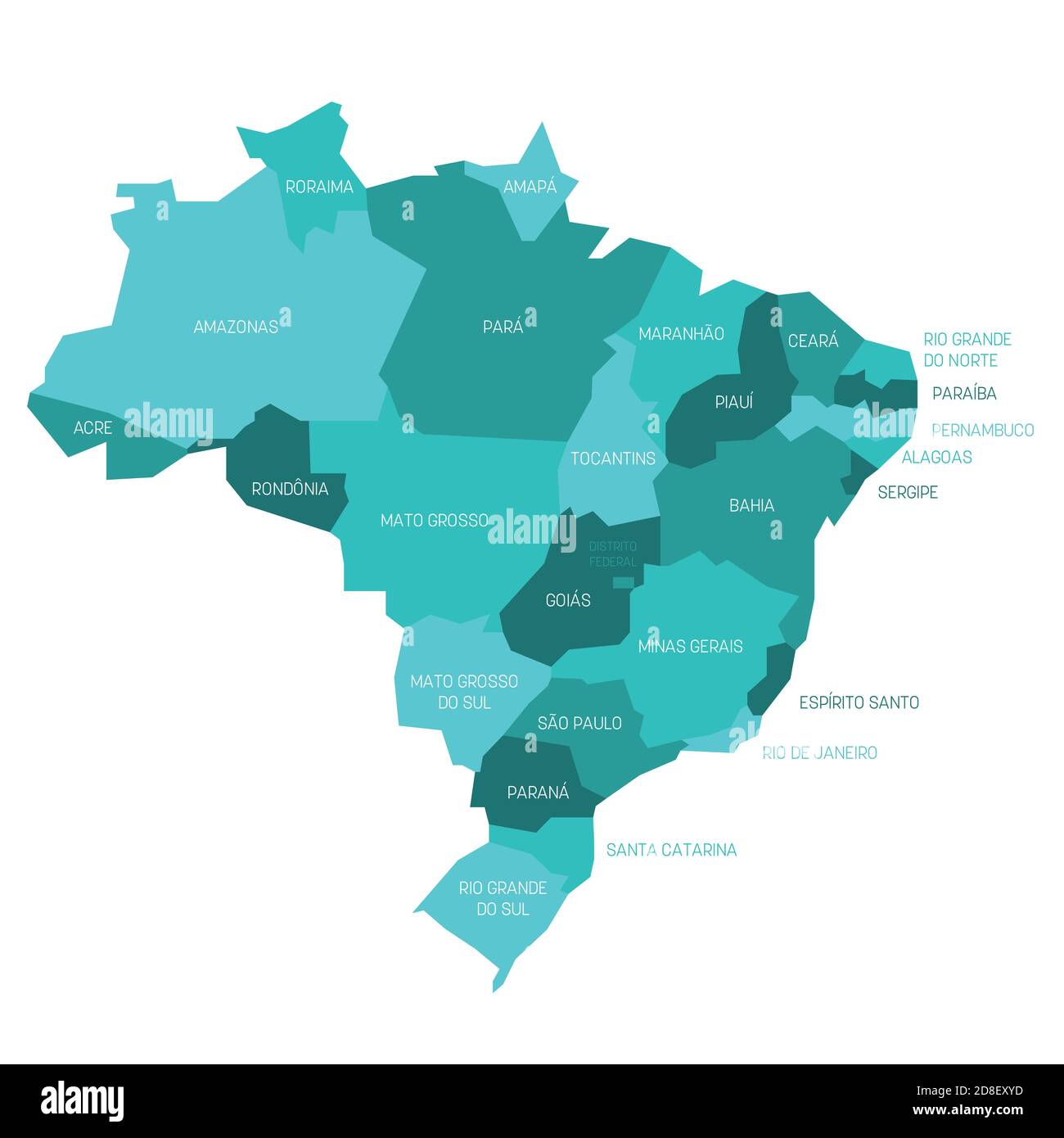 Türkisblaue politische Landkarte von Brasilien. Verwaltungsabteilungen - Staaten. Einfache flache Vektorkarte mit Beschriftungen. Stock Vektor