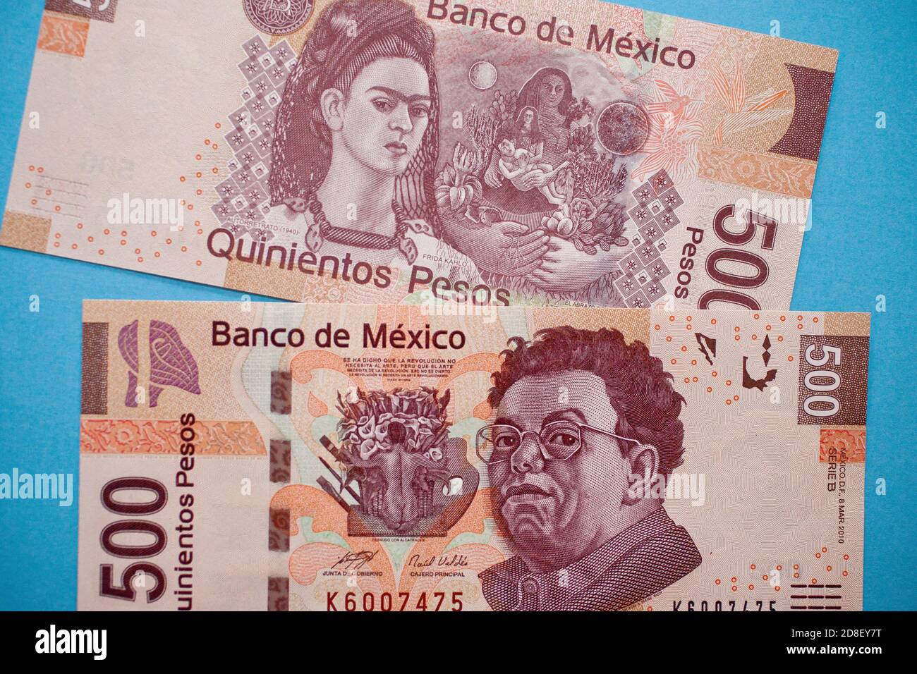 Mexikanische 500 Peso Banknoten mit Künstlern Frida Kahlo und Diego Rivera Stockfoto