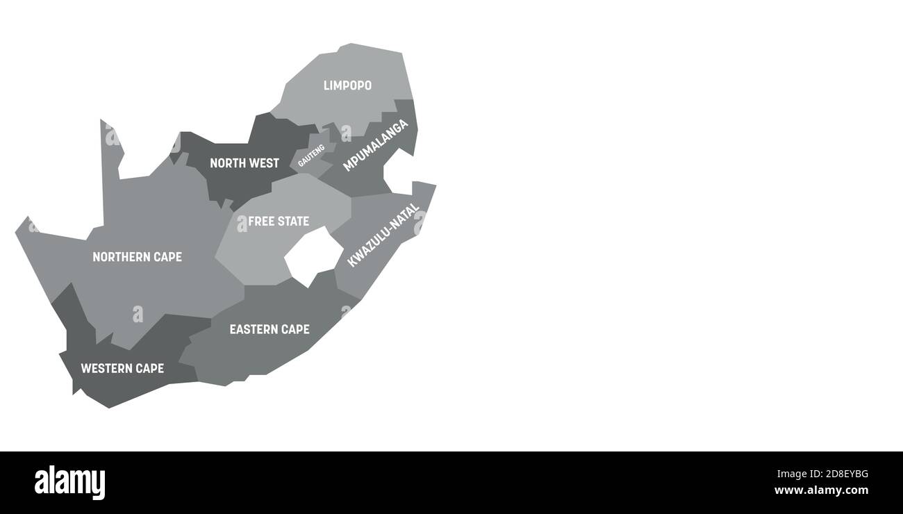Graue politische Landkarte von Südafrika, RSA. Verwaltungsabteilungen - Provinzen. Einfache flache Vektorkarte mit Beschriftungen. Stock Vektor