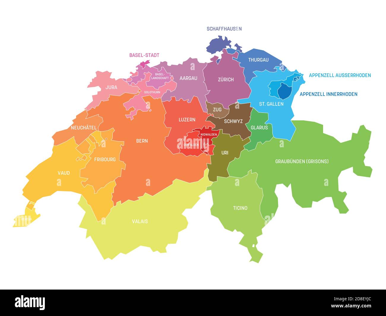 Bunte politische Landkarte der Schweiz. Verwaltungsabteilungen - Kantone. Einfache flache 