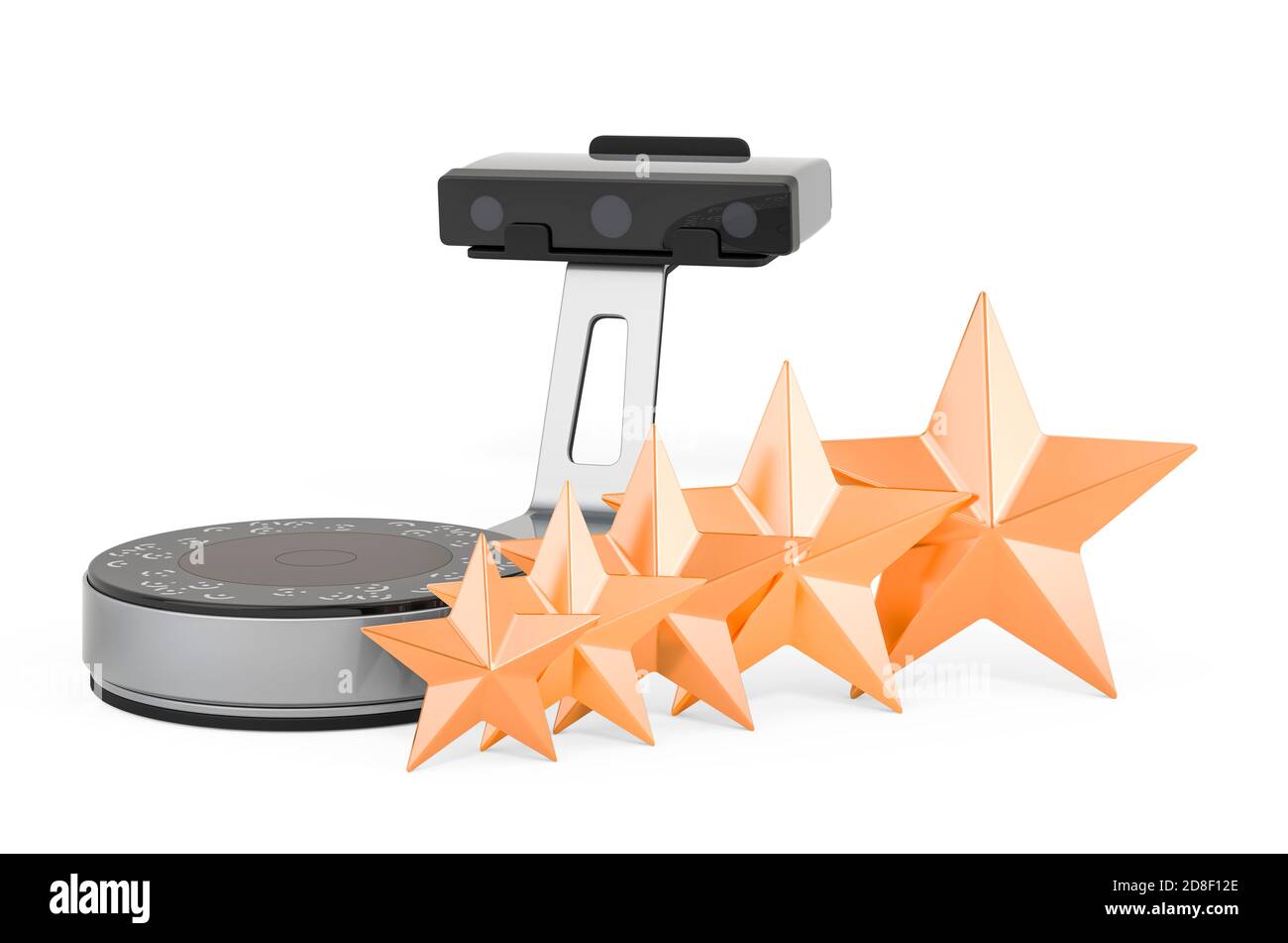 Kundenbewertung des 3D-Scannerkonzepts. 3D-Rendering auf weißem Hintergrund isoliert Stockfoto