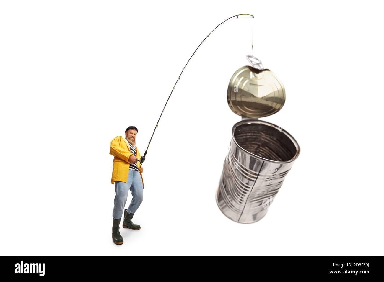 Fischer, der Zinndose auf einer isolierten Angelrute fängt Weißer Hintergrund Stockfoto