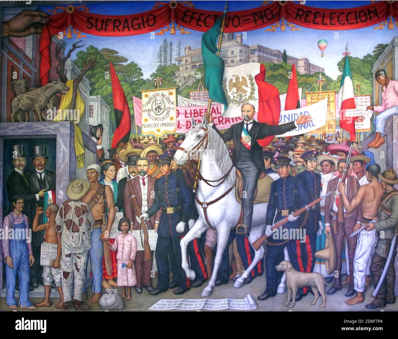 Wirkungsvolles Wahlrecht und Wandgemälde ohne Wiederwahl von John O'Gorman im Schloss Chapultepec, Mexiko-Stadt, Mexiko Stockfoto