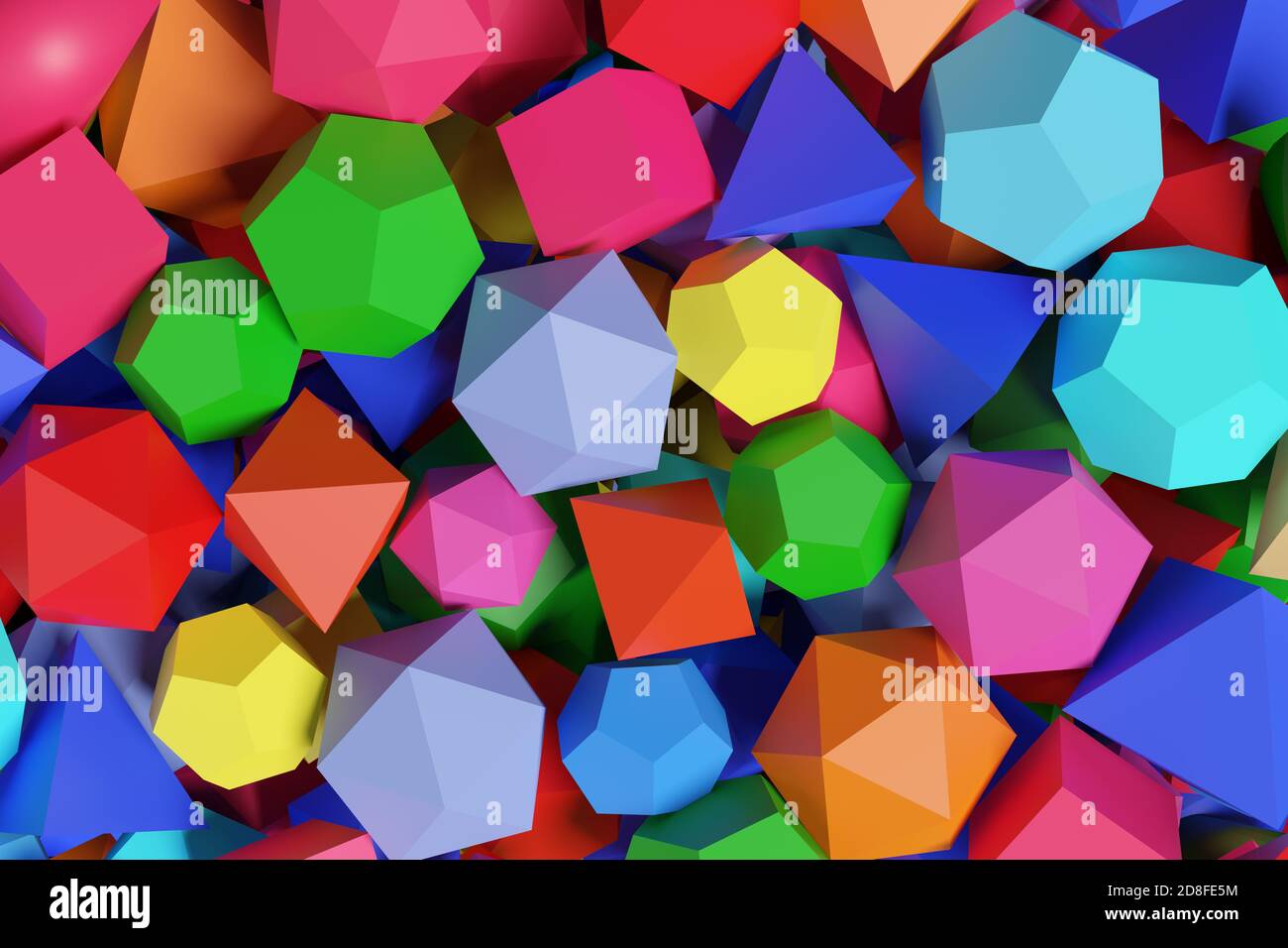 Polyeder in verschiedenen Farben. Platonische Feststoffe. 3d-Illustration. Stockfoto