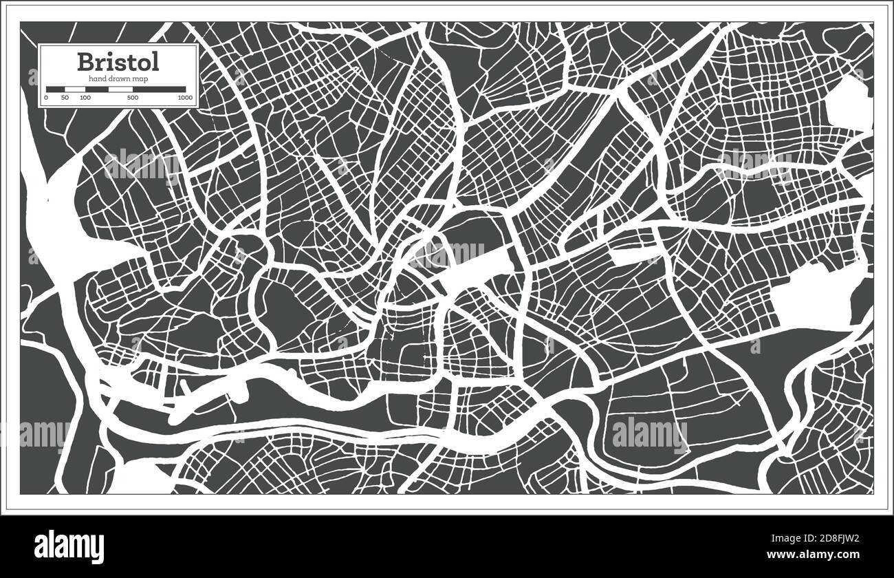 Bristol Grossbritannien Stadtplan in Schwarz-Weiß Farbe im Retro Stil. Übersichtskarte. Vektorgrafik. Stock Vektor
