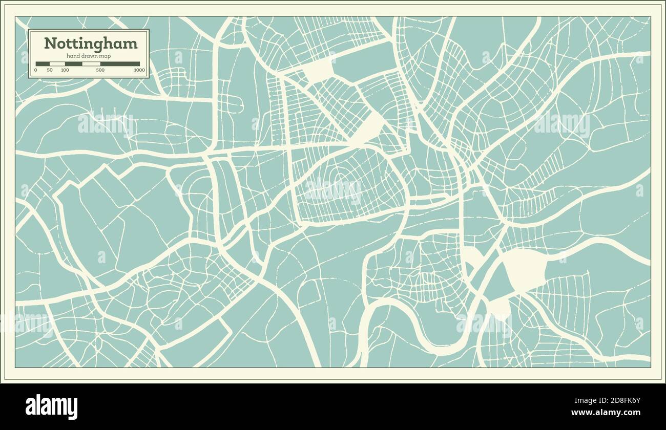 Nottingham Großbritannien (Vereinigtes Königreich) Stadtplan im Retro-Stil. Übersichtskarte. Vektorgrafik. Stock Vektor