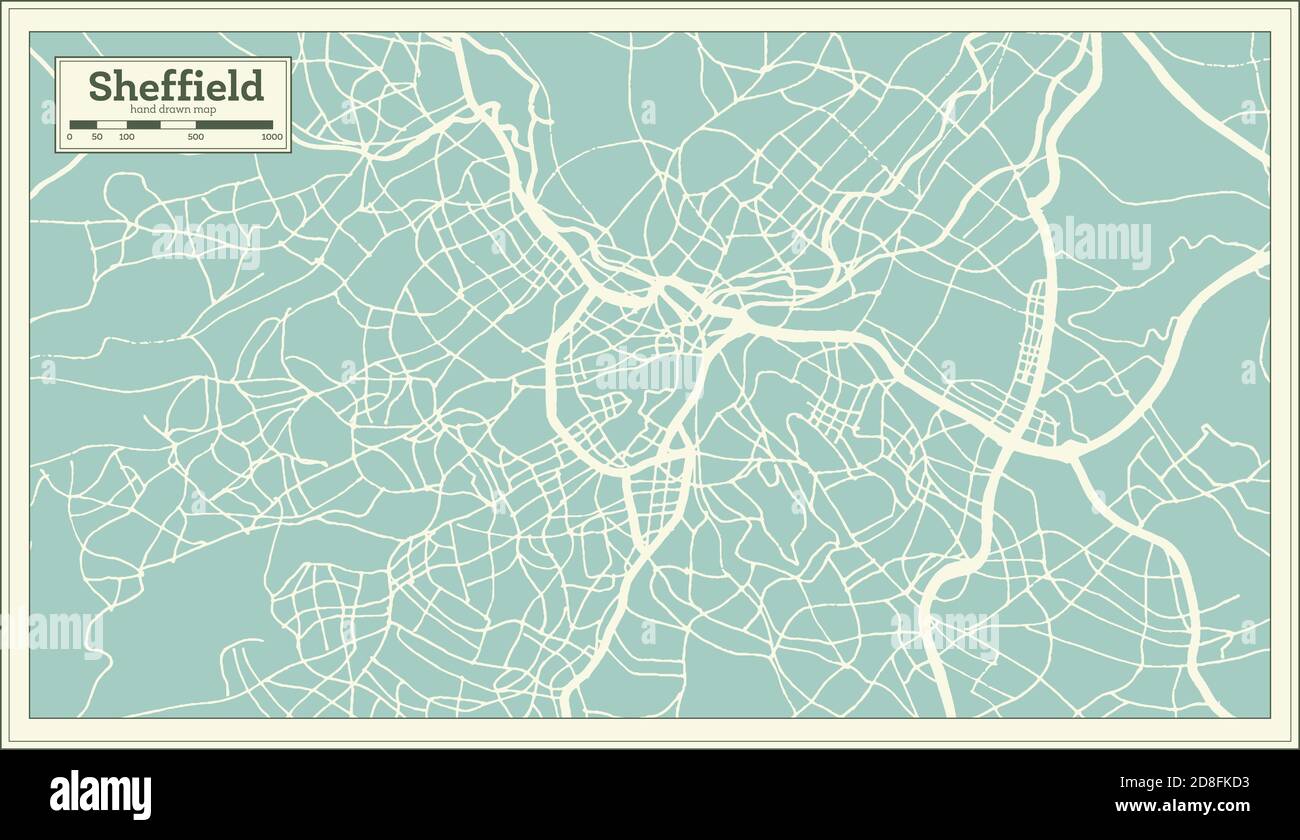 Sheffield Großbritannien (Vereinigtes Königreich) Stadtplan im Retro-Stil. Übersichtskarte. Vektorgrafik. Stock Vektor