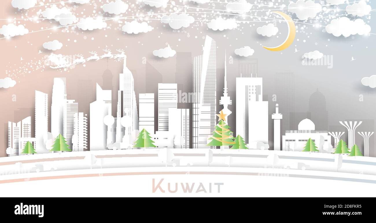 Kuwait City Skyline in Paper Cut Style mit Schneeflocken, Mond und Neon Girlande. Vektorgrafik. Weihnachts- und Neujahrskonzept. Stock Vektor