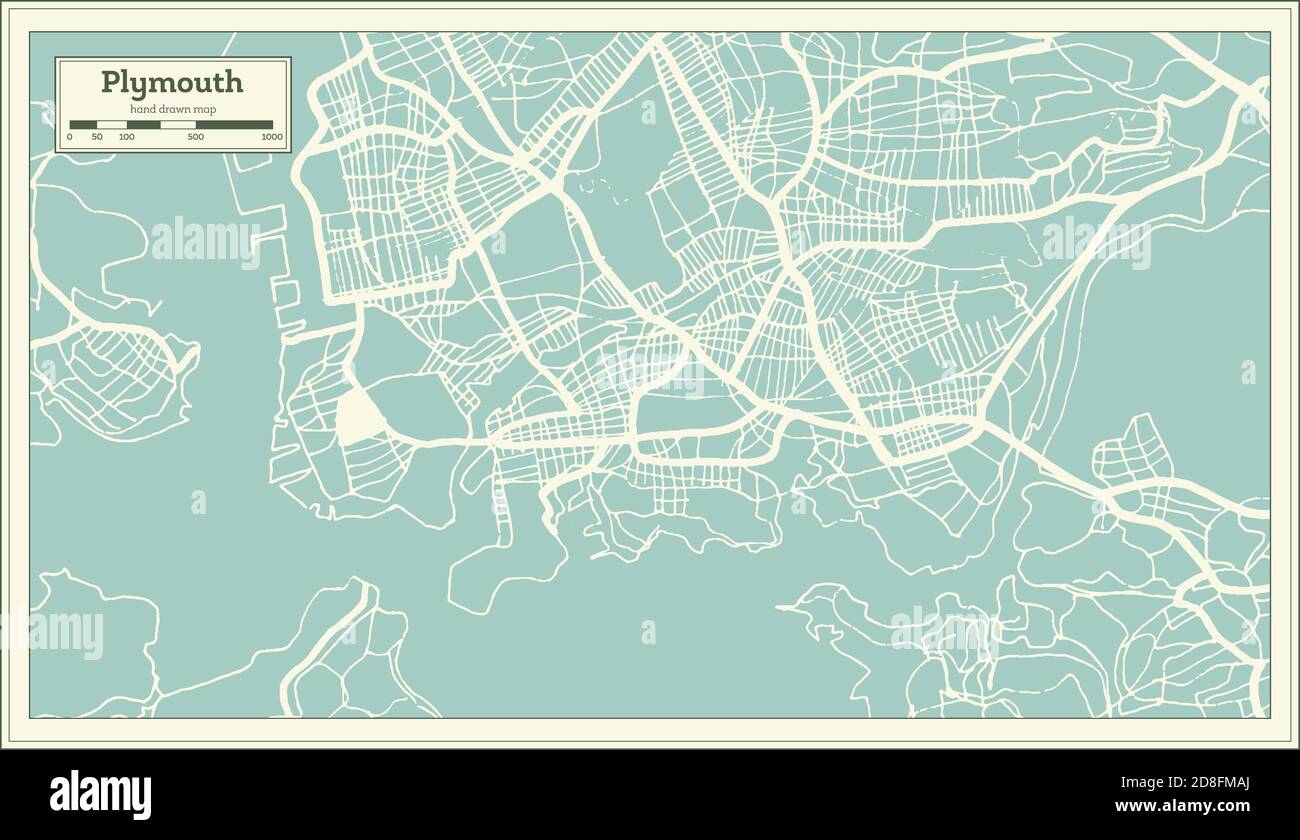 Plymouth Großbritannien (Vereinigtes Königreich) Stadtplan im Retro-Stil. Übersichtskarte. Vektorgrafik. Stock Vektor