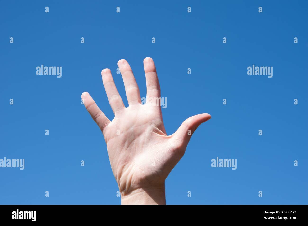 Geste Nahaufnahme der Hand einer Frau zeigt fünf Finger, isoliert gegen einen blauen Himmel, Zeichen Sprache Symbol Nummer fünf Stockfoto