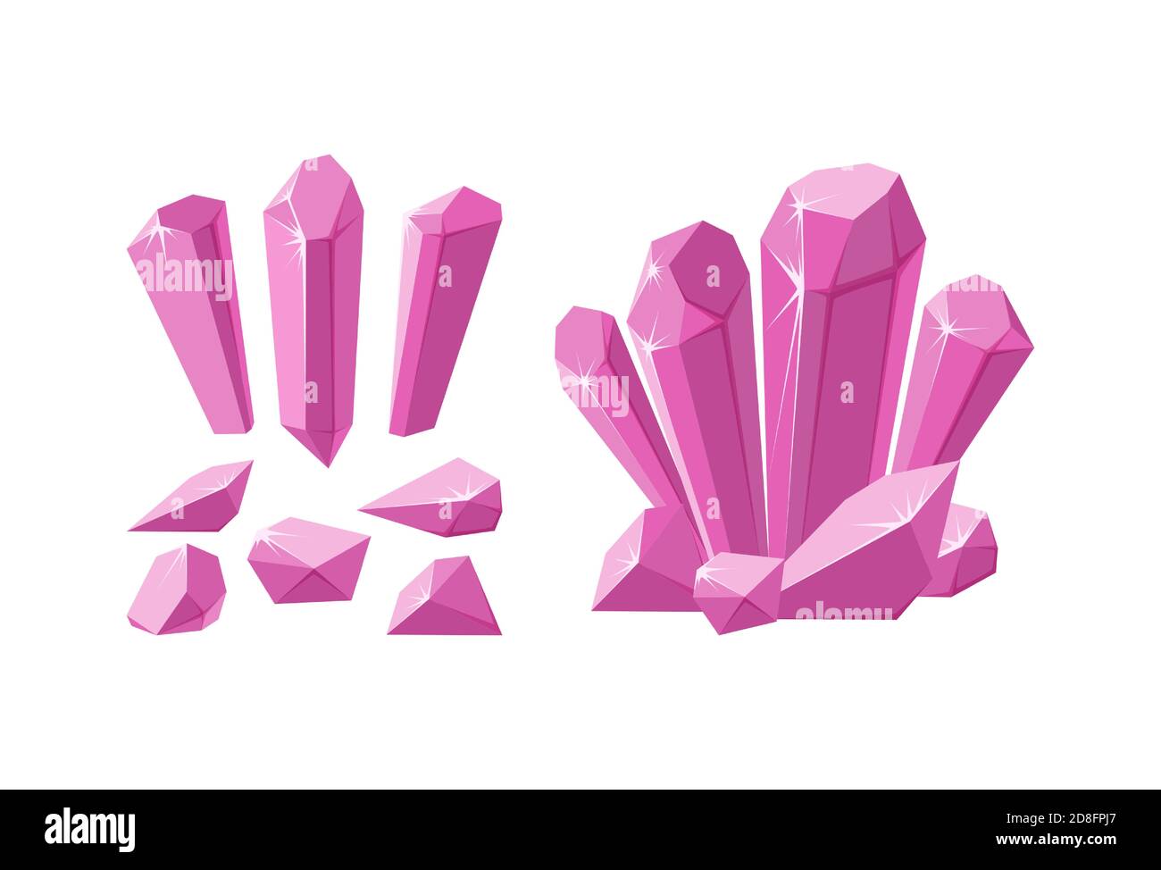 Kristalle und Edelsteine in verschiedenen Formen. Set aus rosa Stalagmiten, Kristallen und Stücke von Rubingestein. Vektorgrafik im Cartoon-Stil Stock Vektor