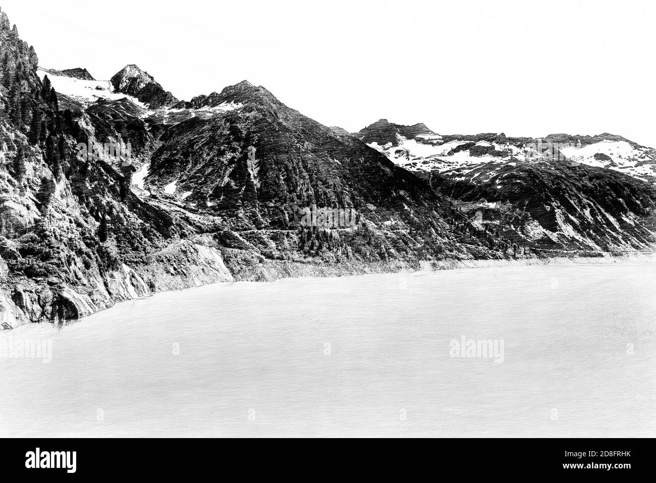 Kleines Tibet, Österreich, Landschaft mit Bergen und See-Skizze Stockfoto