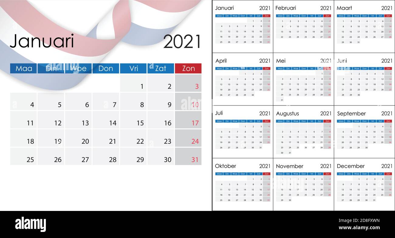 Einfacher Kalender 2021 auf niederländischer Sprache, Wochenbeginn am Montag. Stock Vektor