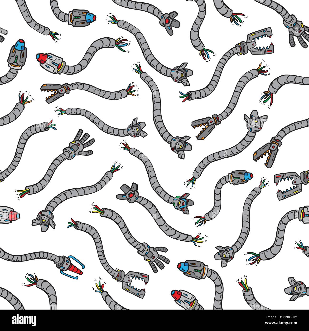 Roboter Hände Doodle nahtlose Muster. Vektormuster Illustration für Oberflächengestaltung, Druck, Poster, Symbol, Web, grafische Designs. Stock Vektor