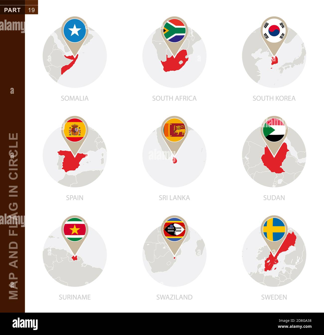 Karte und Flagge in einem Kreis von 9 Ländern: Somalia, Südafrika, Südkorea, Spanien, Sri Lanka, Sudan, Suriname, Swasiland, Schweden Stock Vektor