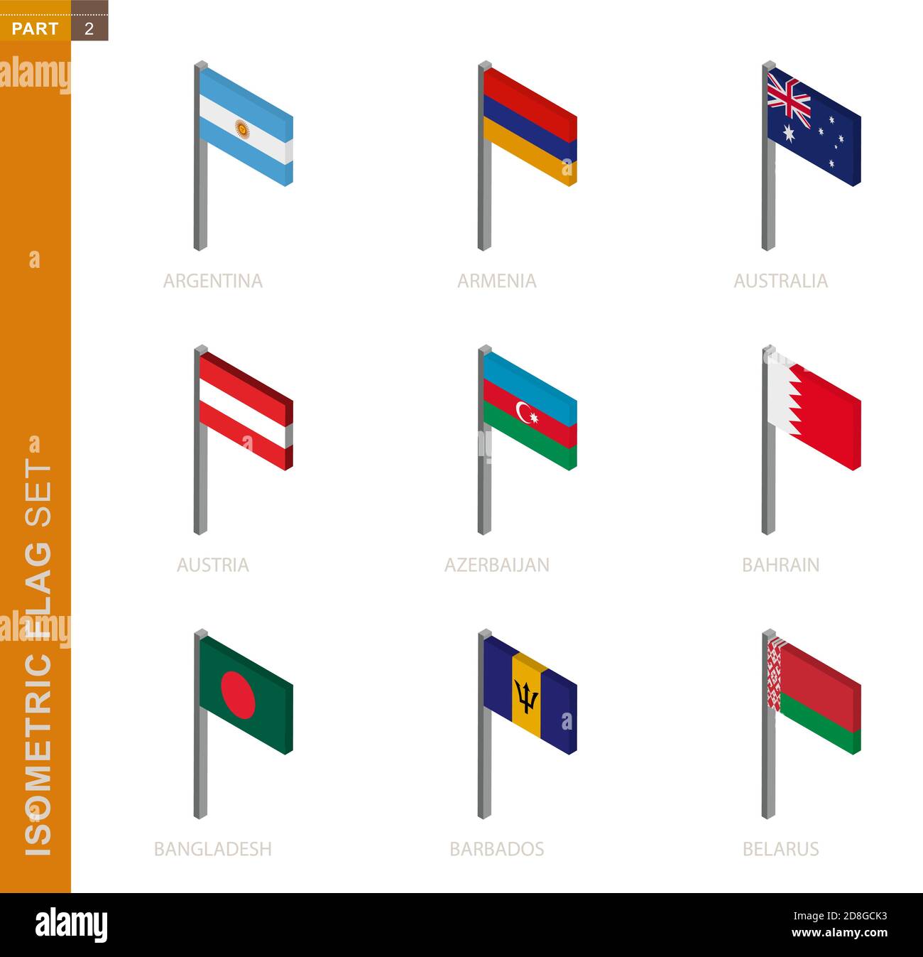 Isometrischer Flaggensatz, Fahnenmast in isometrischer Dimension. Sammlung von neun 3D-Vektor-Flag. Stock Vektor