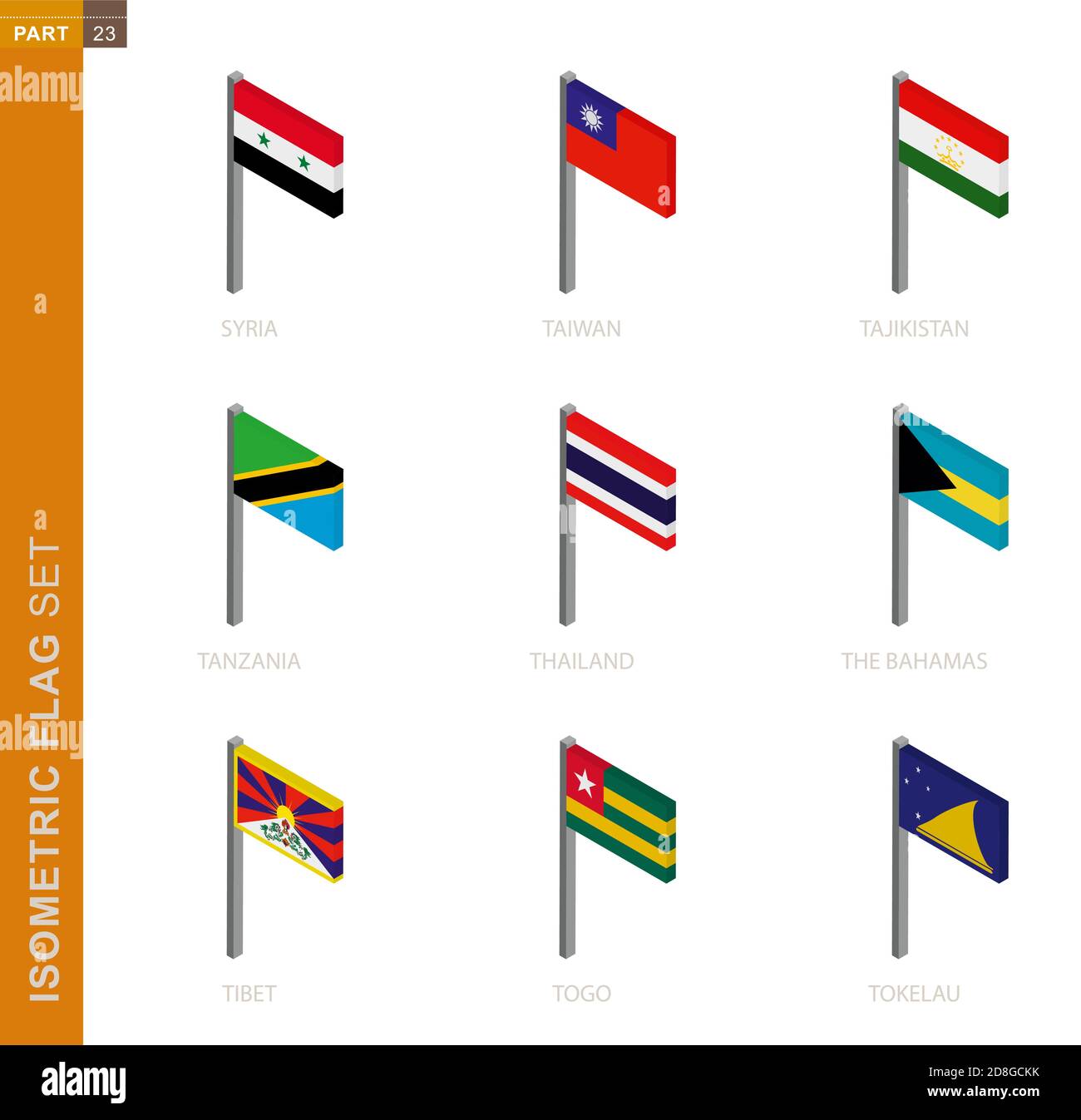 Isometrischer Flaggensatz, Fahnenmast in isometrischer Dimension. Sammlung von neun 3D-Vektor-Flag. Stock Vektor