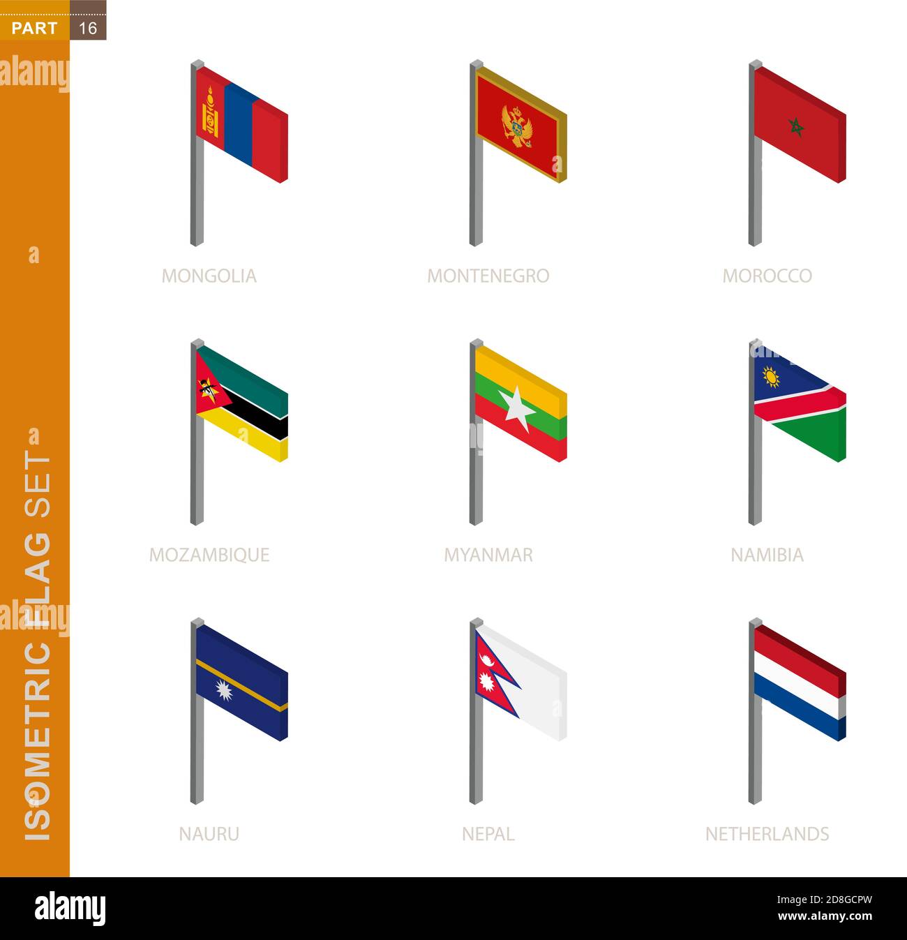Isometrischer Flaggensatz, Fahnenmast in isometrischer Dimension. Sammlung von neun 3D-Vektor-Flag. Stock Vektor