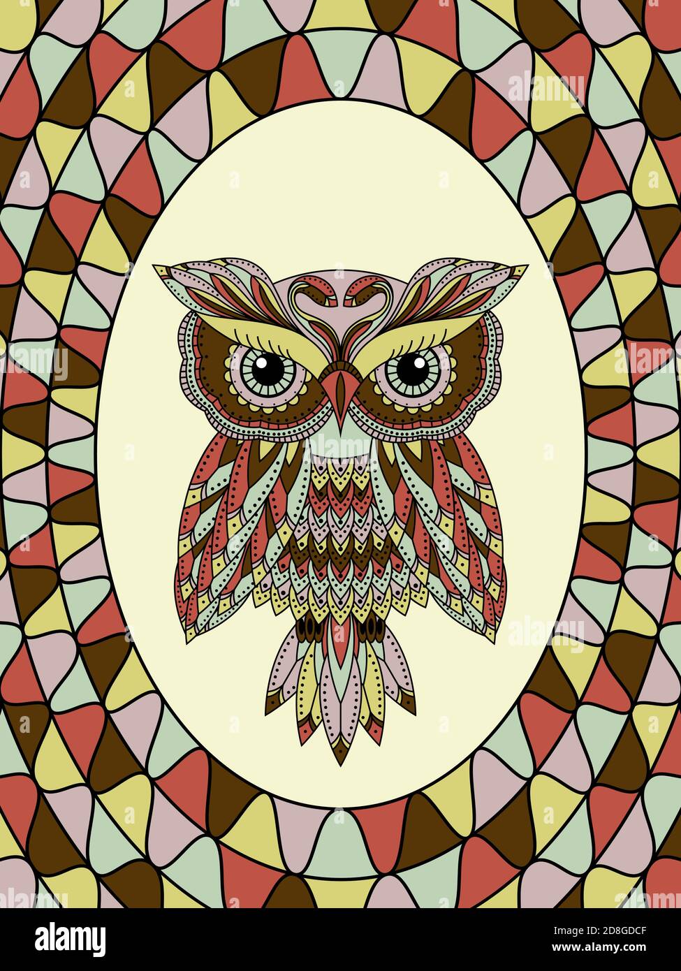 Lustige Cartoon Ziereule in gedämpften Farbtönen, Buntglasfenster für ein Kinderzimmer Stock Vektor