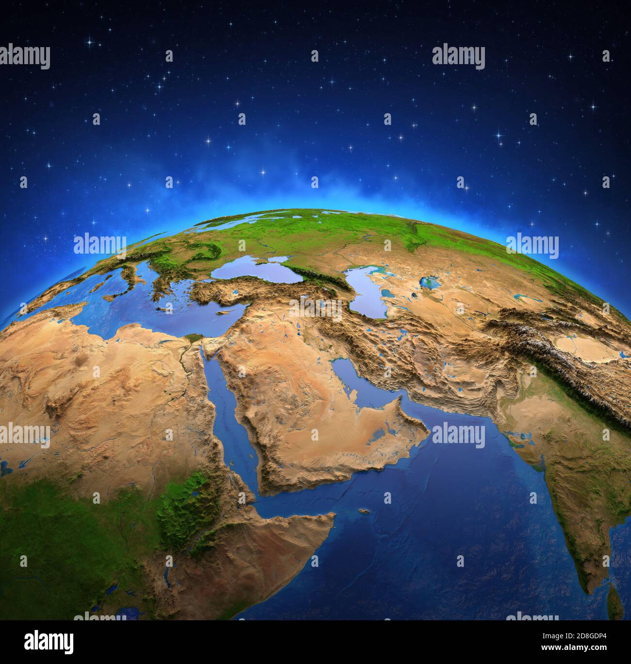 Oberfläche des Planeten Erde von einem Satelliten aus betrachtet, fokussiert auf den Nahen Osten. Physische Karte des Persischen Golfs. Von der NASA eingerichtete Elemente Stockfoto